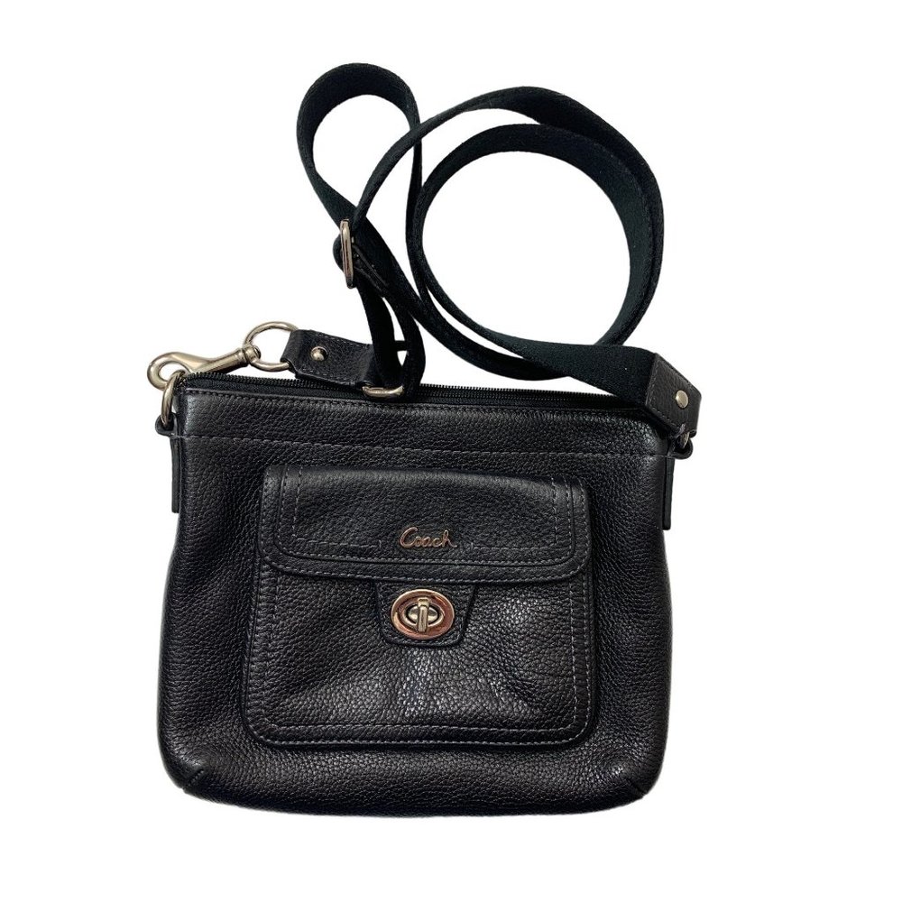 Coach Women's Bag Purse Black Leather Silver Fittings Fabric Strap Day Bag Small